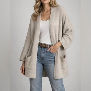 Express Open Front Knit Cardigan Medium Neutral  Cotton Blend Pocket Sweater